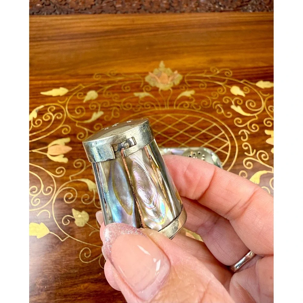 Vintage Mexican Alpaca Silver Abalone Salt & Pepper Shakers with Tray